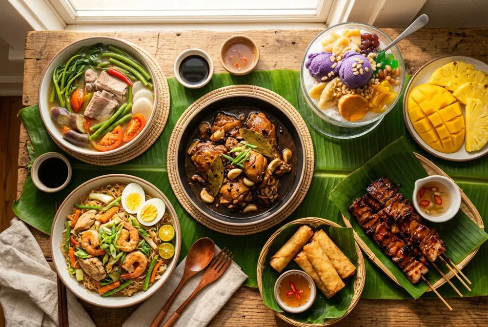 An overhead spread of Filipino dishes: adobo, pancit, lumpia and halo-halo